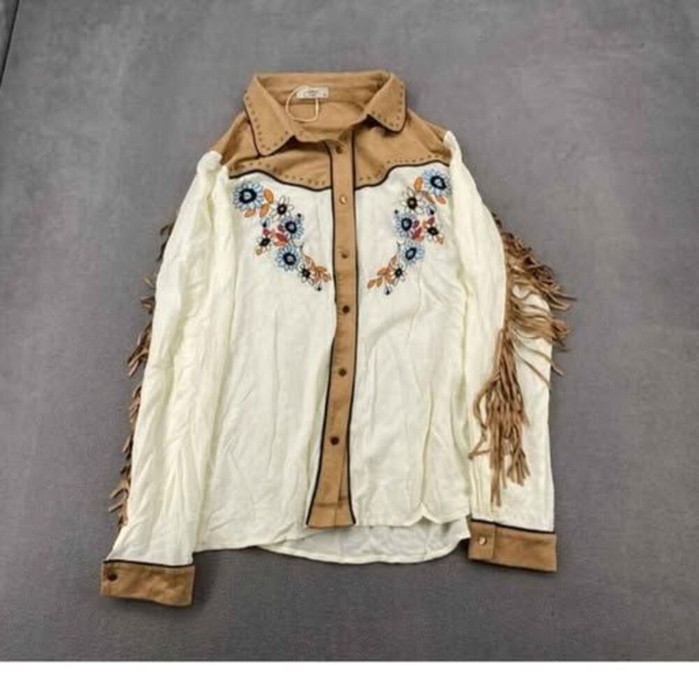 John Moon Texas Western Fringe Floral Embroidered Shirt size 14